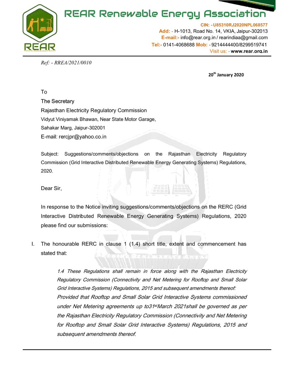 rearindiaa's tweet photo. REAR send its Comments/suggestions to RERC on Draft RERC(Grid Interactive Distributed Renewable Energy Generating Systems) Regulations, 2020
#rear #solar #rearrajasthan #rajasthansolar #solarassociation @mnreindia @RajCMO @prafullit @NSEFI_official @SolarEnergyInd @EQMagPro https://t.co/Mz32gQfJRD