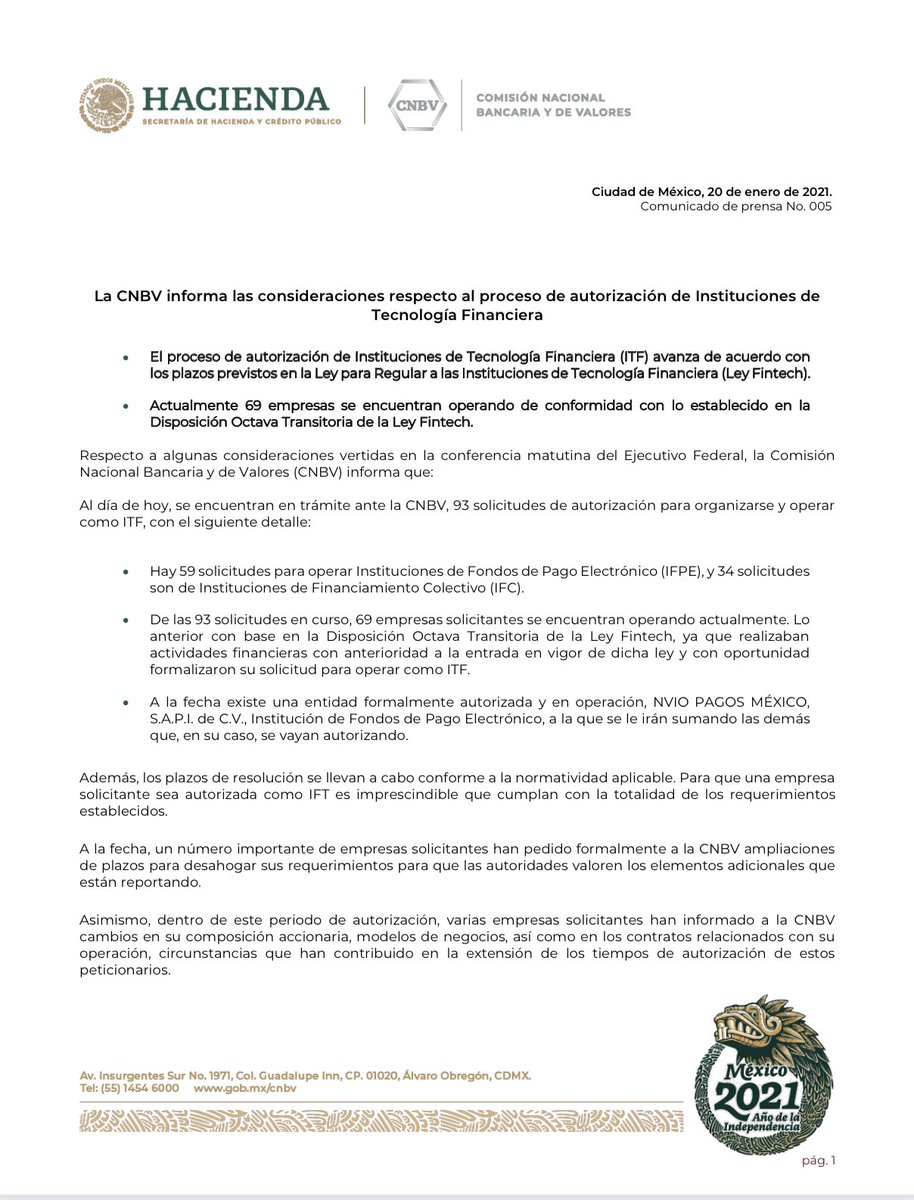 Cnbv La Cnbv Informa Las Consideraciones Respecto Al Proceso De Autorizacion De Las Instituciones De Tecnologia Financiera Que Avanza De Acuerdo Con Los Plazos Previstos En La Leyfintech Comunicado T Co Y2cctmkb7x