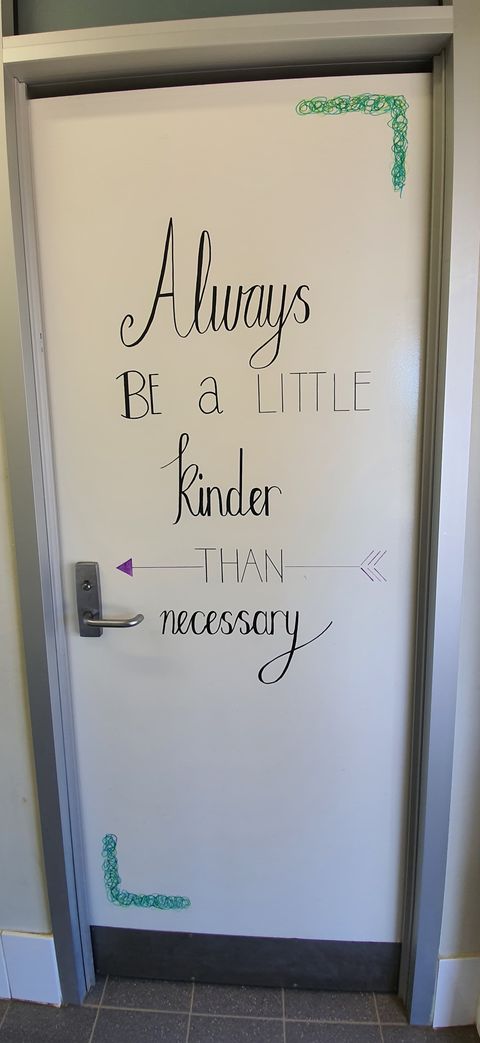 Students from Aberfoyle Hub R-7 School wanted quotes in their bathrooms, so they picked 6 that they wanted to see.
And that's where Mrs Mitchell stepped in! She's spent the last 2 weeks hand painting these doors in her spare time for the students.

A-door-able. 🚪