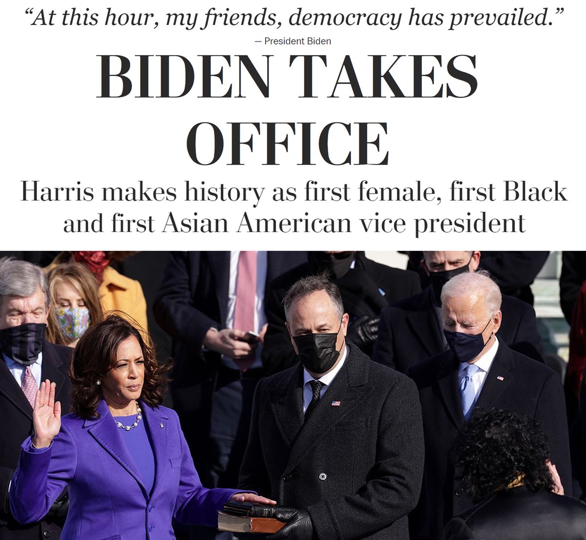 What overwhelming joy! Reveling in this day of historic victories and relieved to see that monstrous tyrant Trump slouch into oblivion. #Inauguration2021