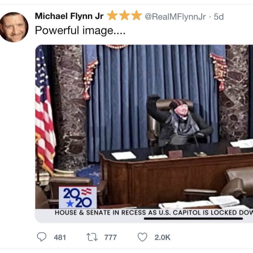 UPDATE: On January 5th Mike Flynn Sr sat for an interview with Russian citizen and state propagandist Alex Jones of Inforwars. His son Mike Flynn Jr called it “Epic”. The next day, Flynn Junior tweeted the seditious riot in the chamber approvingly.