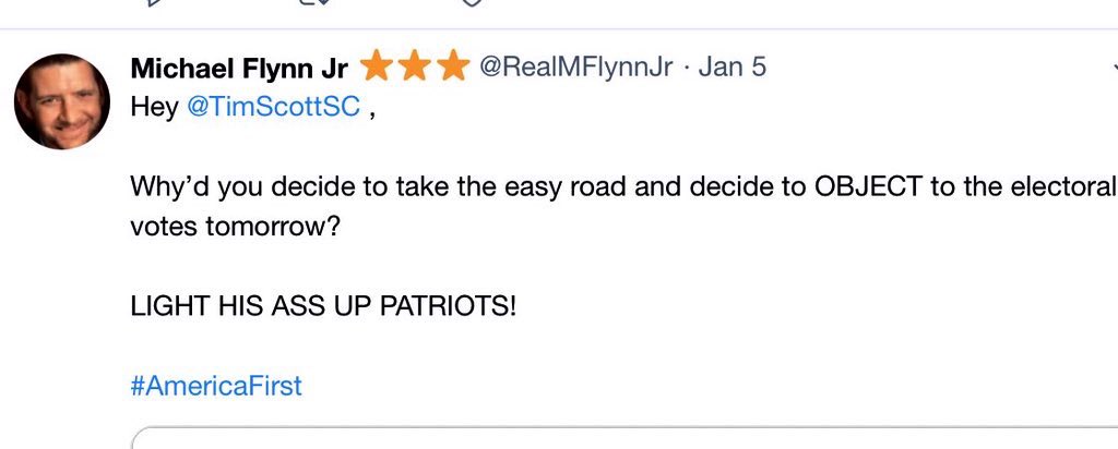 Meanwhile, Mike Flynn Junior called in advance for violence on the sixth and threaten the lives of black Republican Senator Tim Scott, who would not object to the electoral college votes being counted.