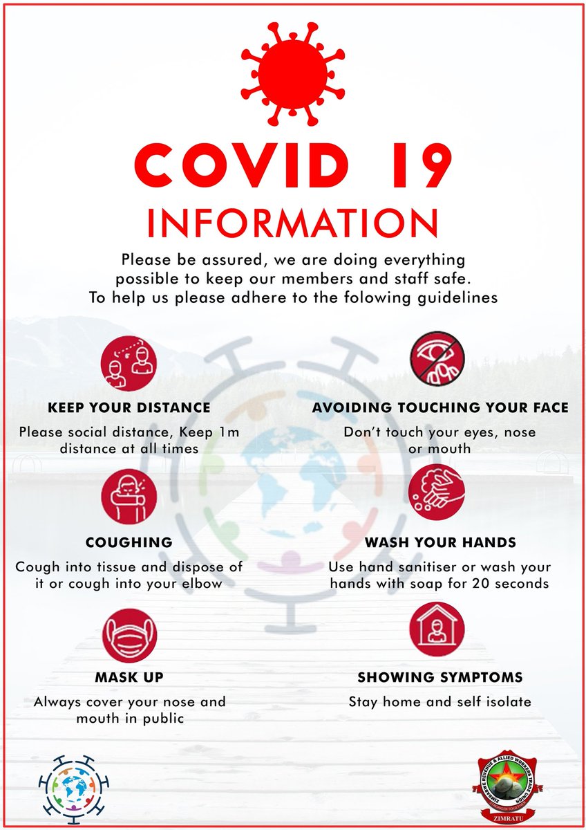 #MaskUpZim
#covid19Zim
#StayHomeSaveLives
Follow Covid-19 prevention and containment guidelines

Let's have responsible leadership in work environments
#Zimratu
#DzauyaHosho