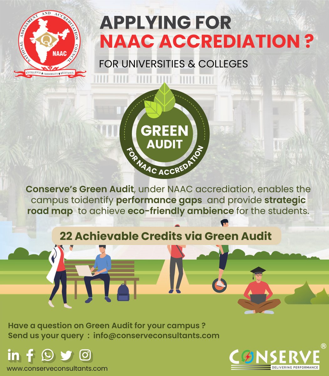 Conserve_CCPL's tweet photo. Conserve's Green Audit process enable institutions to achieve 22 credit points in NAAC Assessment to move higher in NAAC grading system.

Read More about NAAC :
https://t.co/kvYY67DfWK
 
#colleges #university #chennaicolleges #mumbaicolleges #education #greencampus https://t.co/SwR6yk0XRF