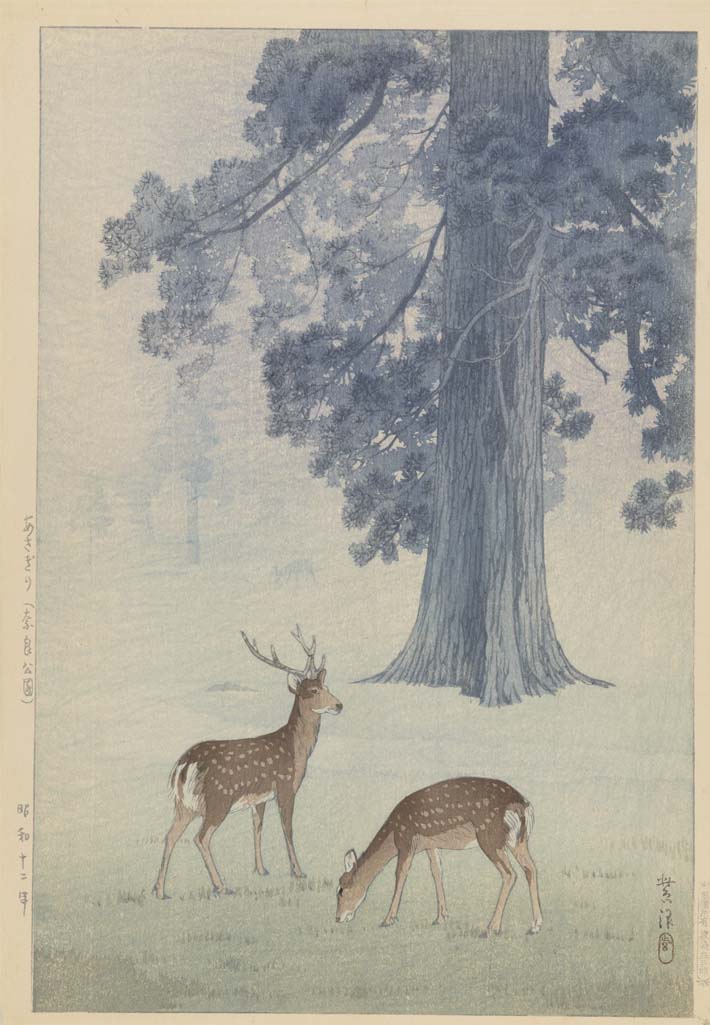 笠松紫浪「あさぎり（奈良公園）」(渡邊木版美術画舗蔵)。昭和12年