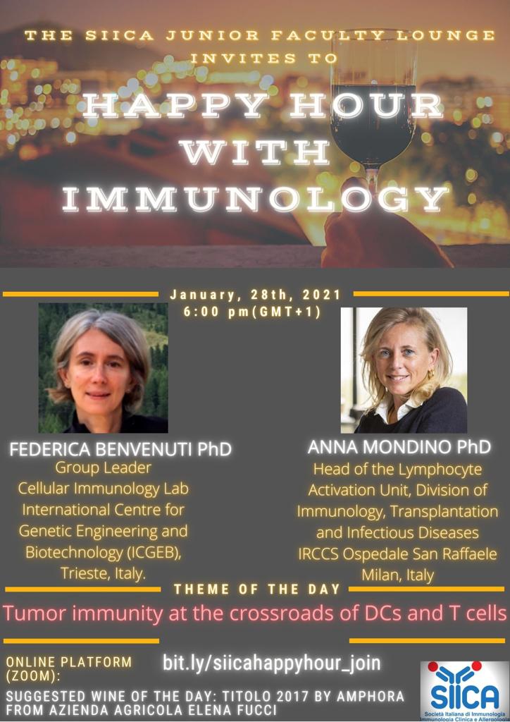 SiicaI's tweet photo. 📌 The next #HappyHour with Immunology will be on January 28th at 6 pm.
Federica Benvenuti and Anna Mondino will talk about tumor immunity: don't miss it!

We will taste a wine from Azienda Agricola Elena Fucci
#BYOW🍷 https://t.co/NDzPSzMf8S