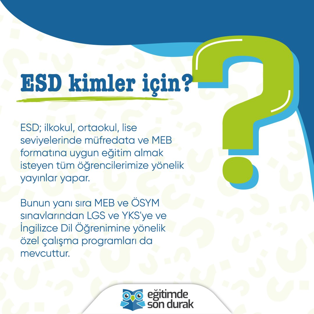 Çok kısa sorularınızı ❔🤔
Çok kısa cevaplıyoruz 🤗👍

ESD kimler için?
ESD; 1. sınıftan başlayıp 12. sınıfa ve üniversiteye hazırlanan mezun gruplara online eğitimcilik sağlar.  🤗

#egitimdesondurak #esd #onlineegitim #onlineders #onlineokul #onlinedershane #onlineogrenim