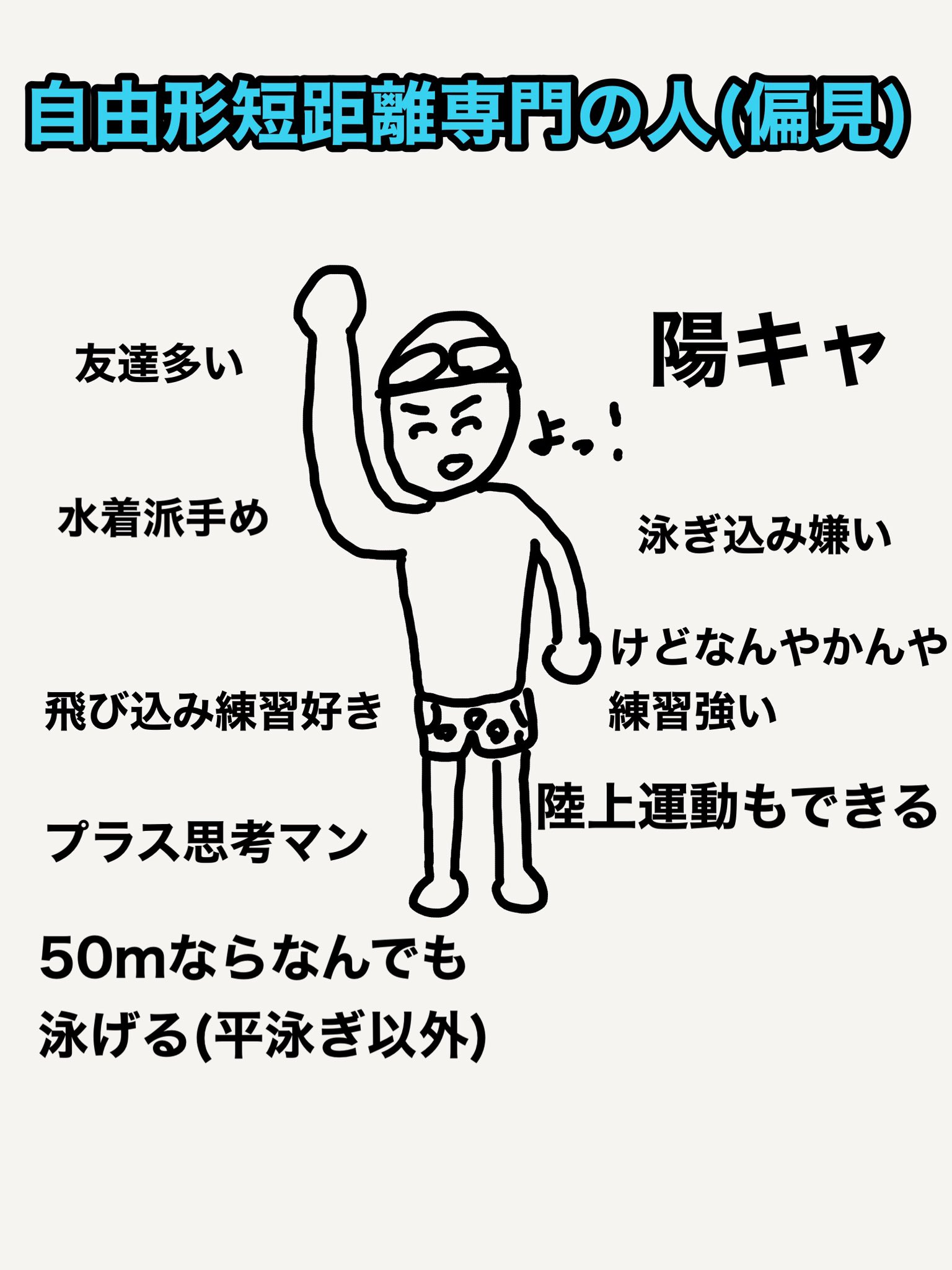 チャイルドプリンス 北山水泳 自由形短距離専門の人 偏見 北山水泳の水泳あるある 自由形短距離専門の人 ごめんなさい この手の人たちは なぜか球技とか陸上も できる そして 友達が多い T Co Kxc57cohno Twitter