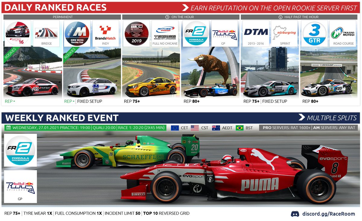 raceroom's tweet photo. New schedule for Ranked Multiplayer is up!

Next weekly event will be held with the Formula RR 2 on the Red Bull Ring 🇦🇹

💥 The 2 x 45 Min format and reversed top 10 for Race 2 are promising a lot of excitement! https://t.co/l4T7jky68v