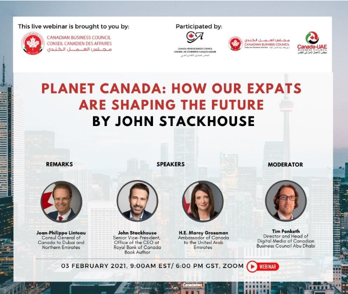 CanadainUAE's tweet photo. 📢 #CanadiansintheUAE: join us on Feb 3 for a webinar with John Stackhouse, SVP @RBC, and one of 🇨🇦's leading voices on innovation and economic disruption, on the release of his new 📘 "Planet Canada: How Our Expats Are Shaping The Future." Register here: https://t.co/Xx2rKnIdNL https://t.co/FXKdPae0xk