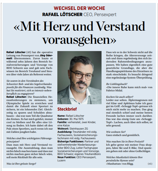 PensExpert's tweet photo. Unser neuer CEO @RafaelLoetscher spricht im heutigen #wechselderwoche über seine persönlichen Führungsprinzipien, ausserberufliches Engagement und weshalb er lieber die Finger vom Schoggitopf lässt. #pensexpert #handelszeitung #lebensphasevorsorge https://t.co/pYQ8IhN6VH https://t.co/YRRzsI3jfX