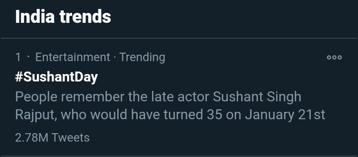 Track Twitter on our beloved Sushant Singh Rajput birthday.  #SushantDay 3:49pm :2.78M for  #SushantDay