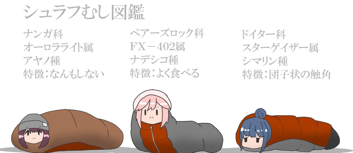 ﾘｼﾖｳ 今更だけど綾乃ちゃんのシュラフの色が気になるマン ゆるキャン キャンプ道具の本で赤と茶のツートンが紹介されていたからそれに準じたけど扉絵カラーとか見ると水色のような気もするし うーむ Twitter