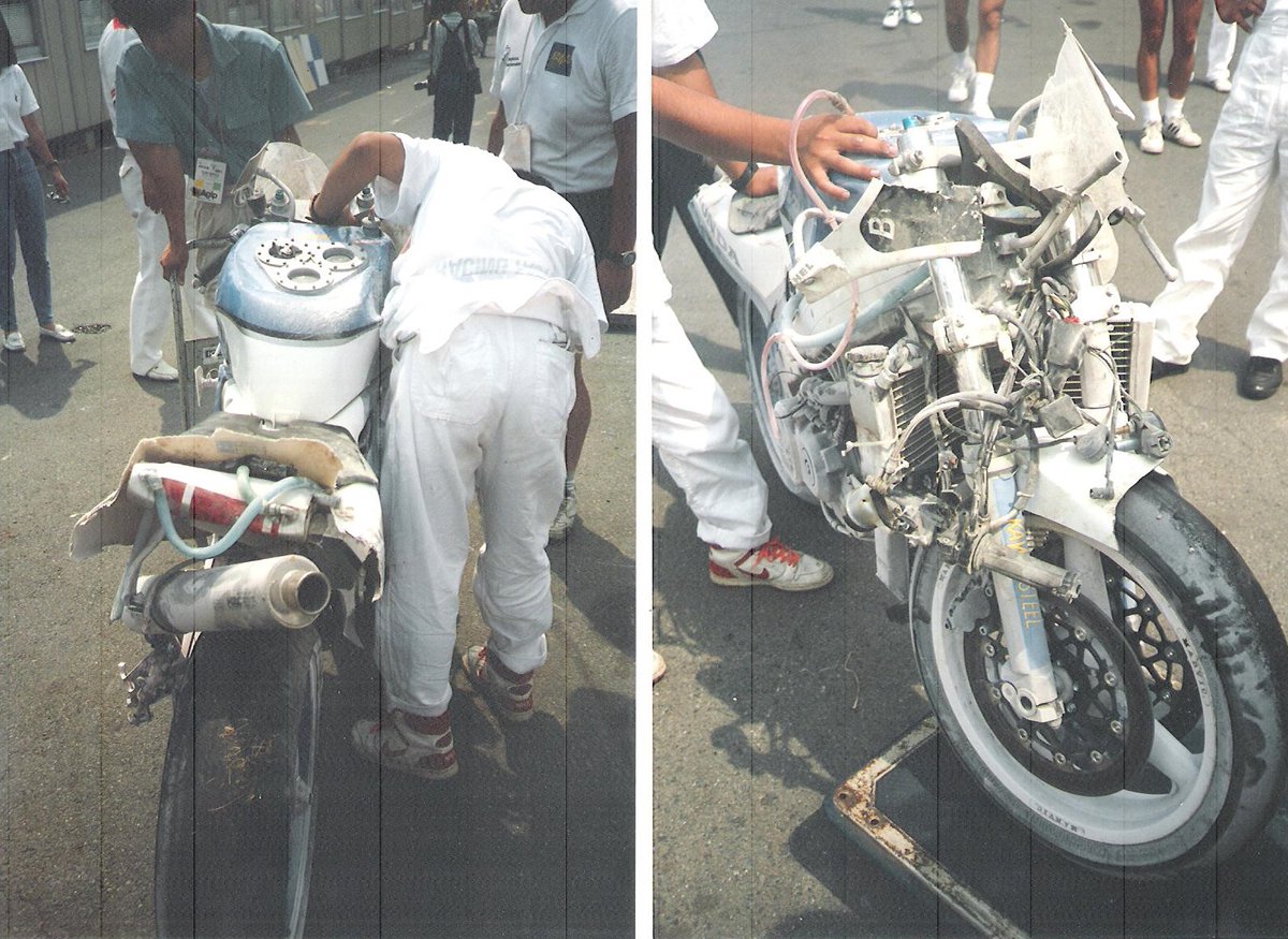 matoxley's tweet photo. #tbt 1990 Suzuka 8 Hours. During qualifying I lost the front going into Turn 1. Quite fast there. RC30 went v high & destroyed itself: bent forks, swingarm etc. Chassis still didn't feel right in morning warm-up. My team-mate Gilbert Roy crashed in first hour and that was that https://t.co/27pdgDp3dF