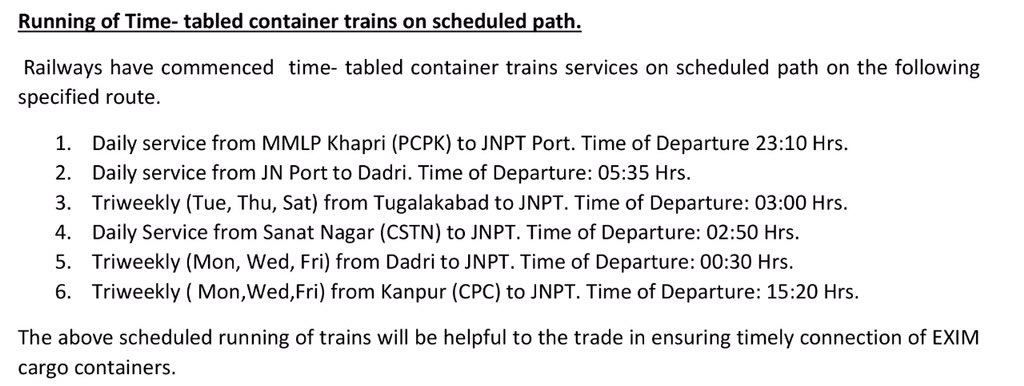 JNPort's tweet photo. Ensuring timely connection of EXIM cargo containers, the Railways have commenced with ‘Time-Tabled Container Train Services’ on specific routes which will render huge help to the trade. https://t.co/Pb1gx0XvQE