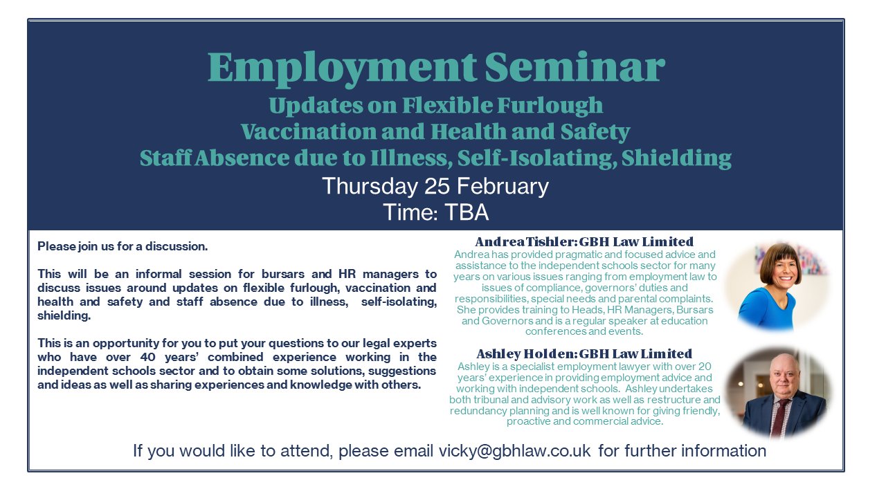 Gbhlaw On Twitter: "Join Our Employment Law Experts @Andrea Tishler And  @Ashley Holden On 25 February For Their Next Seminar For Independent School  Bursars And Hr Managers: Https://T.co/Pzqhwxjxjn For More Details, Or