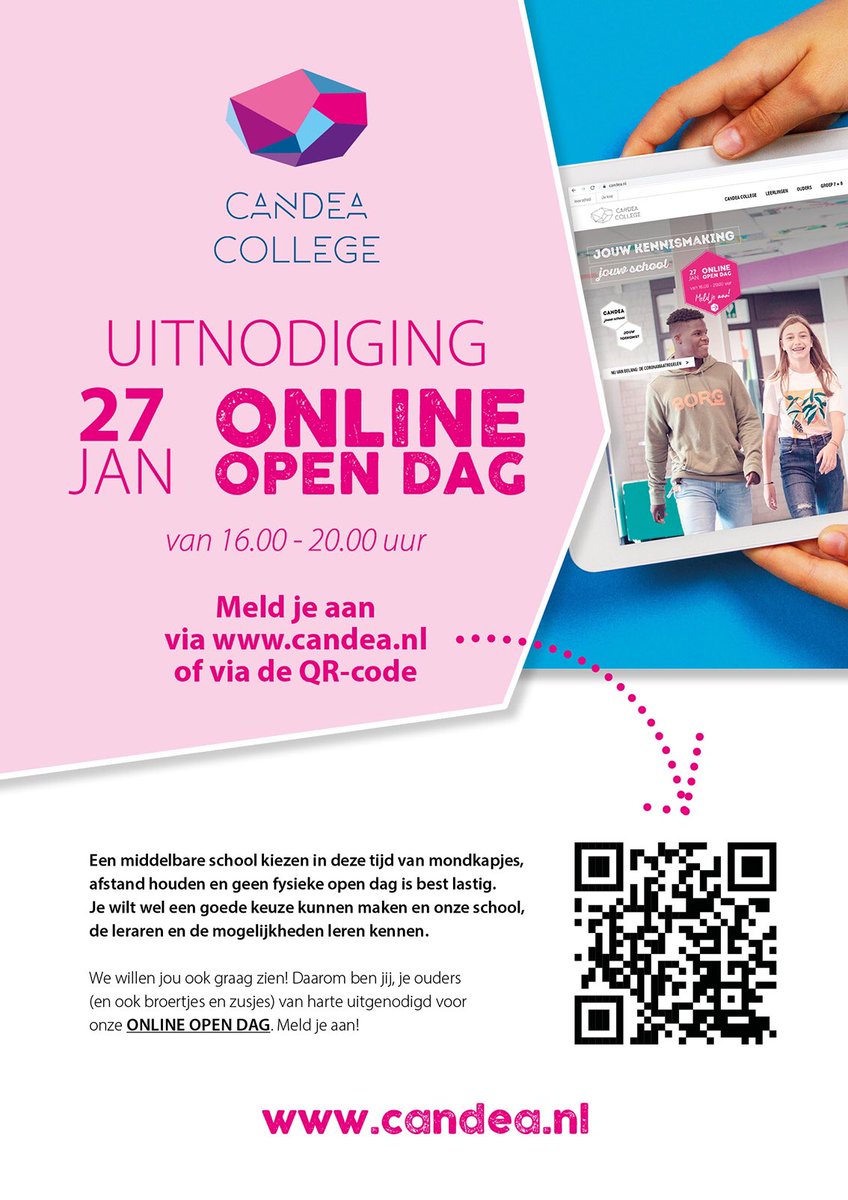Online open dag op het Candea College op 27 januari tussen 16.00-20.00 uur. Meld je aan