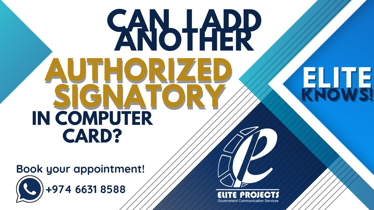 eliteprojectsQA's tweet image. Can I add another authorized signatory in my Computer Card?
هل يمكنني إضافة شخص آخر مفوض بالتوقيع إلى البطاقة
الالكترونية الخاصة بي؟
&quot;Your Connection to the Government&quot;
BOOK AN APPOINTMENT WITH US!
📱 +974 6631 8588
#EliteProjects  #PROServicesInQatar #ComputerCard #AddSignatory