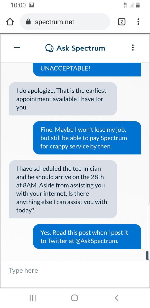 Bruin24K's tweet photo. @Ask_Spectrum my neighbor and I are without internet in Los Angeles and I am told no on can come out until 1/28. Maybe after we lose our jobs #Spectrum will show up. Definitely calling AT&T in the morning. #SpectrumSucks #SpectrumScam https://t.co/NRmnbqKo2M