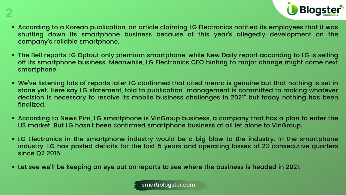 iBlogster's tweet photo. ➡️@LGUS might be leaving the smartphone business in 2021
#LGMobile #lgindia #TrendingNow #TrendingNews #news #NewsUpdate #newsarticle #businessstrategy #businessmanagement #businessnews #businessgoals #India #iblogster #iblogsternews #smartiblogster https://t.co/XCf2NrcD5A
