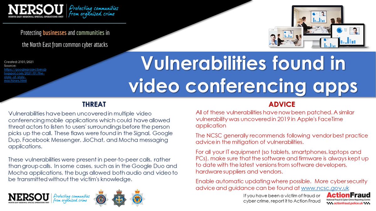 tsecrime's tweet photo. RT @nerccu: Video conferencing #vulnerabilities found in #Signal, #GoogleDup, #FacebookMessenger, #JioChat, and #Mocha.
#cyberprotect #cybersecurity #videoconferencing https://t.co/0BJPKxvsr6
