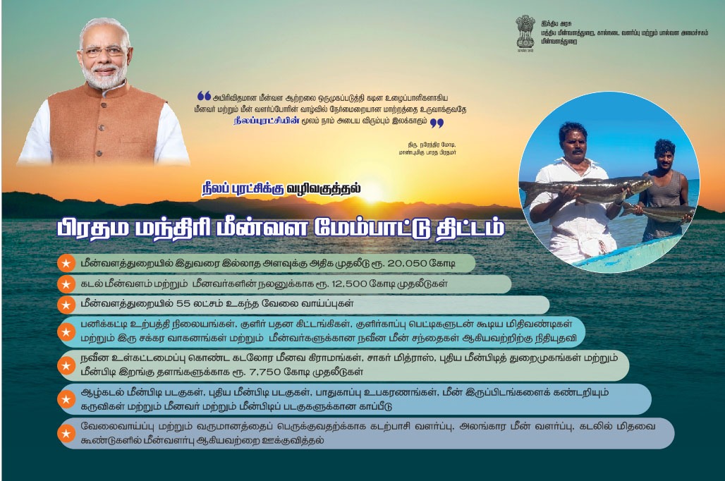 #பிரதம மந்திரி மீன்வள மேம்பாட்டு திட்டம்
#மீன்வளத்துறையில் இதுவரை இல்லாத அளவுக்கு Rs. 20050 கோடி முதலீடு 

#புதிய மீன்பிடி துறைமுகங்கள்
#புதிய ஆழ்கடல் மீன்பிடி படகுகள்  
#கடற்பாசி வளர்ப்பு 
#அலங்கார மீன் மீன்வளர்ப்பு