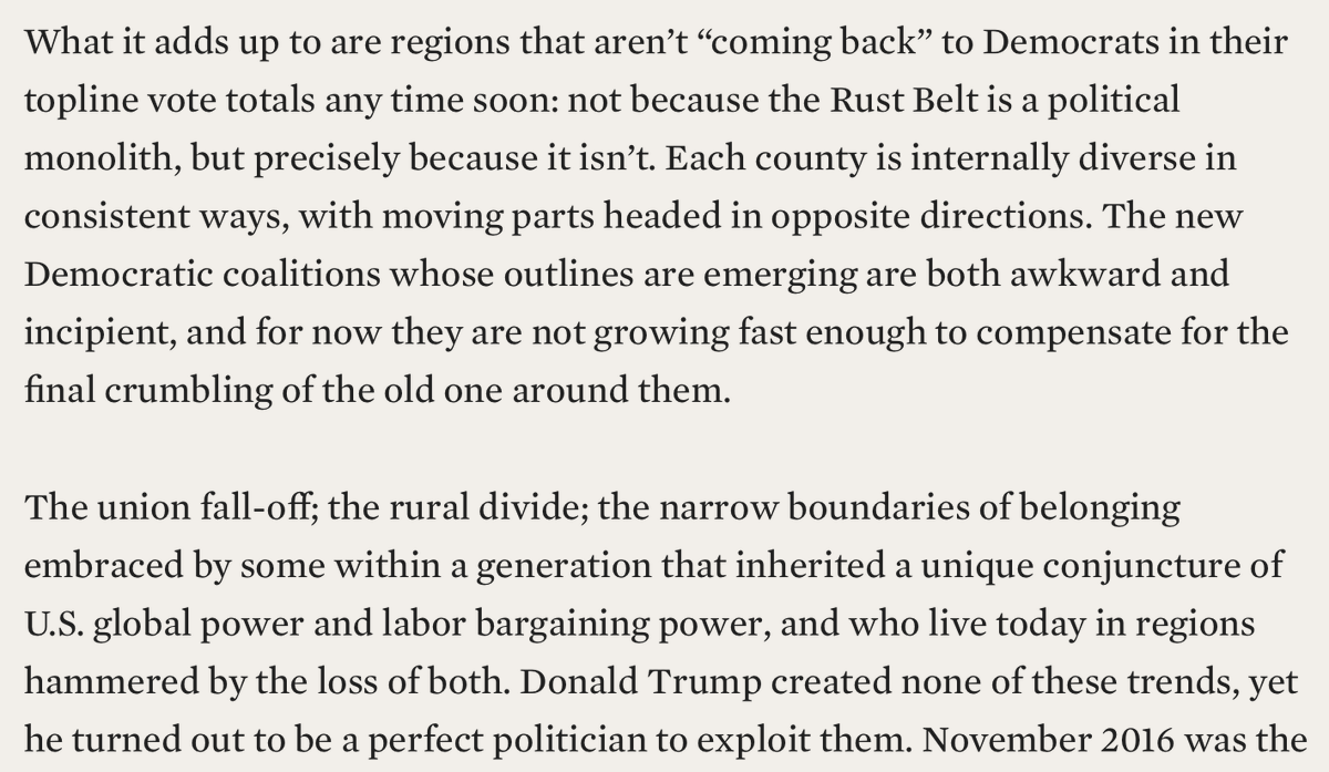 I wrote thisabout lived political change in Pennsylvania's former industrial, blue-collar/pink-collar "Middle Suburb" counties for  @DemJournal a year ago, & yeah, it holds up. Because, yeah, they're complicated.  https://democracyjournal.org/magazine/57/rust-belt-in-transition/
