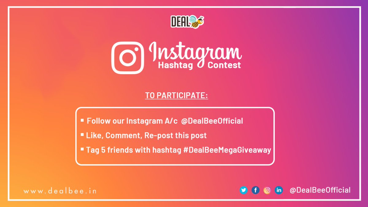 💡 DealBee's Hashtag #Contest Week is live from now till 28th Jan '21

Enter and win Amazon vouchers worth Rs. 2500 (250 X 10). 2 Winners will be announced every next day of the contest

 So tag your friends, &amp; participate now! 🥳

#DealBeeMegaGiveaway