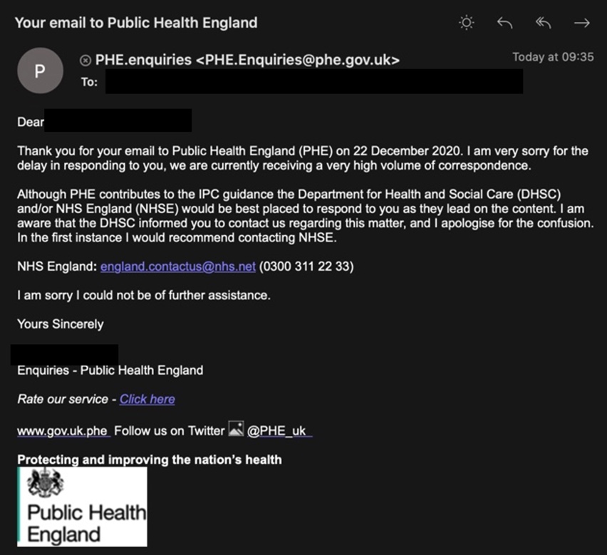 In the spirit of understanding UK PPE guidelines there have been repeated attempts to engage with policymakers.
Their replies have not been helpful.
We call upon UK CMOs to issue the rationale for the current denial of FFP3 for COVID19-facing healthcare workers.
#FreshAirNHS