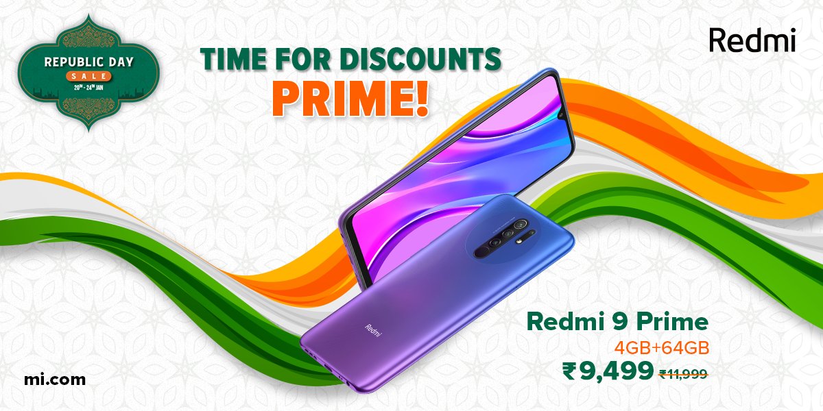 RedmiIndia's tweet photo. PRIME-ary savings! 

Get the #Redmi9Prime 4GB+64GB for just ₹9499 in the #RepublicDay sale on https://t.co/cwYEXeds6Y! 

Buy here: https://t.co/tswigtkv6F https://t.co/kV3NbwY8jM