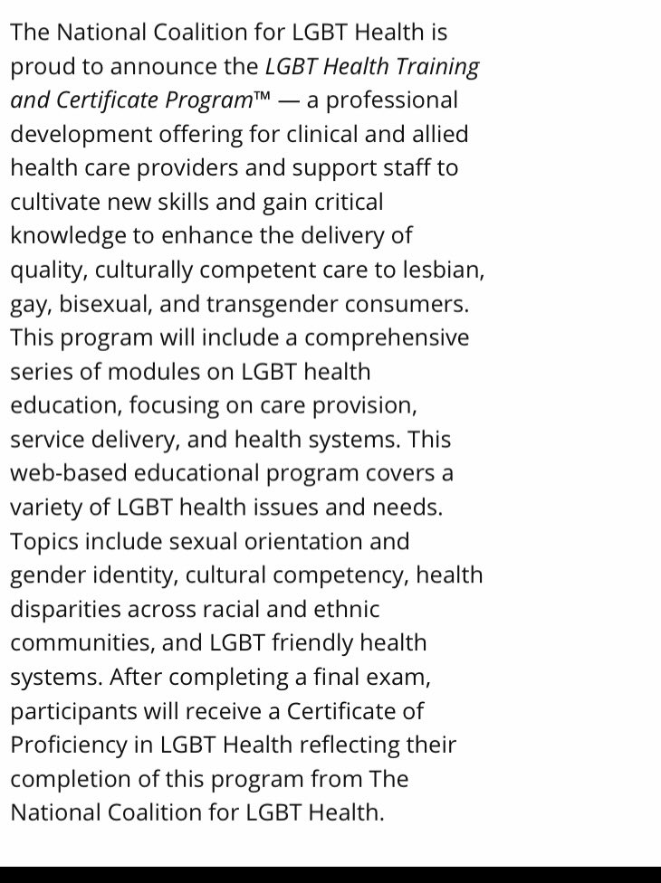 sclmaorg's tweet image. This program offers free LGBT health training with a comprehensive series of modules on LGBT health education AND it gives a certificate as well 🏆

&amp;amp; best of all It’s free!

If this is something you’re interested in, check out 

healthlgbt.org/education-trai…