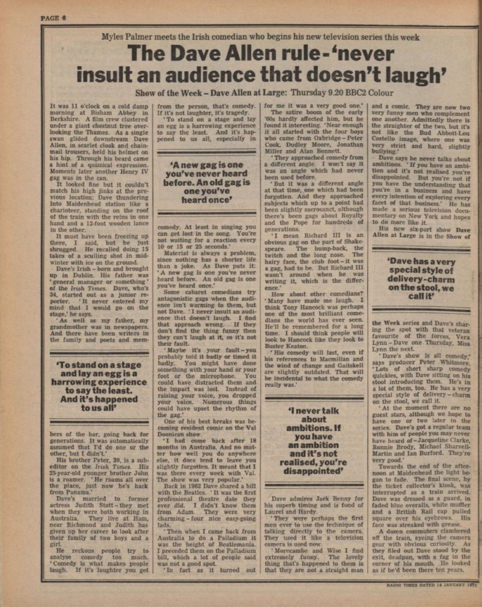 BraxM's tweet photo. Giving it Large: Dave Allen at Large began #OTD 50 years ago, and @RadioTimes carried an insightful interview with him. He had tips that some of today's comics would do well to take heed of: "I never insult an audience that doesn't laugh... I find that approach wrong." https://t.co/kDXzDA5maB