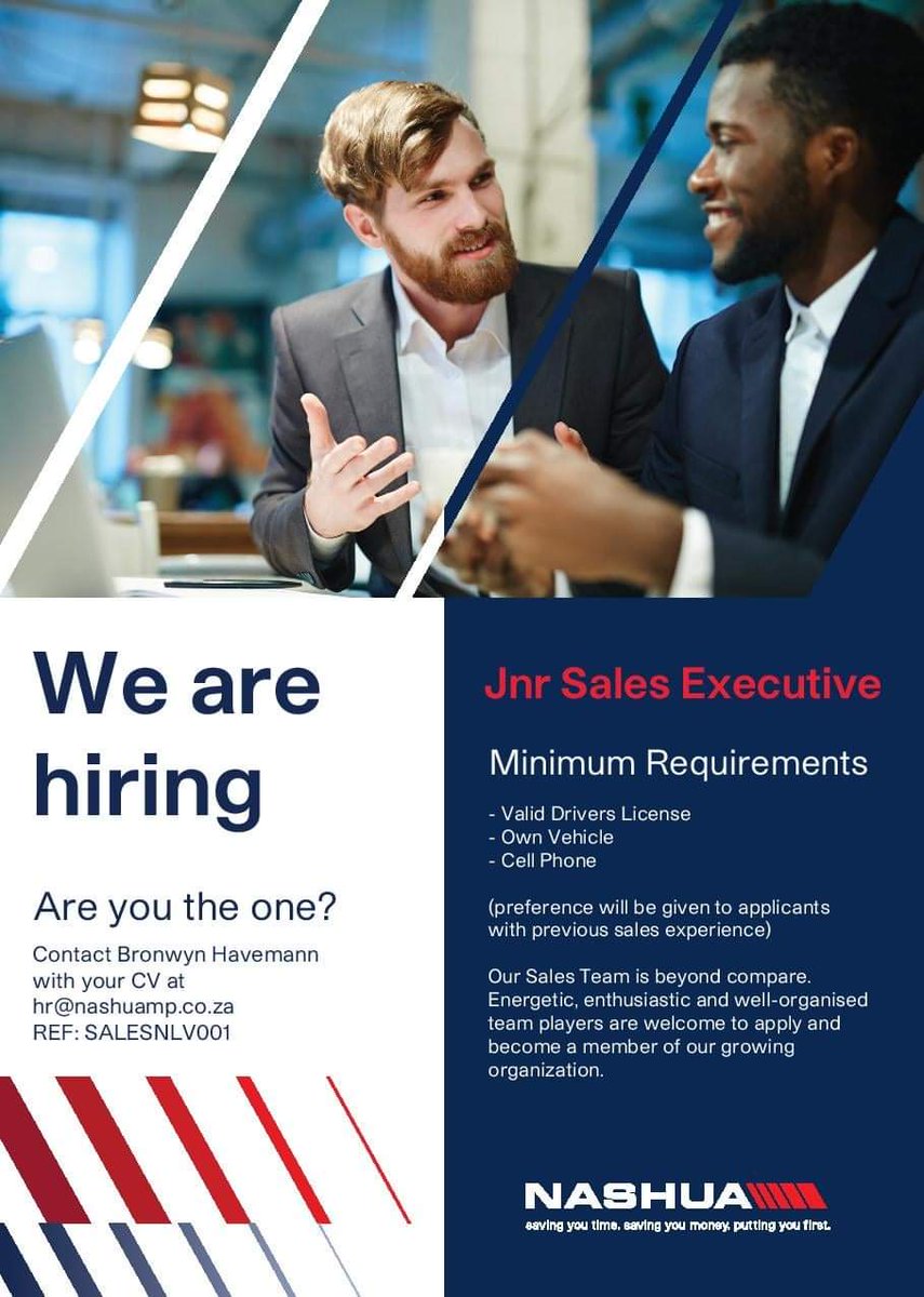 MthoXulu's tweet photo. #HereWeGrowAgain
Nashua Lowveld has the following Vacancy in the Nelspruit area:
1. JNR Sales Executive
REQUIREMENTS:
1. Grade 12
2. Valid Drivers License
3. Reliable Own Vehicle
4. Own Cell Phone
Salary &amp; Commission based. 
Please forward CV to hr@nashuamp.co.za
REF: SALESNLV001 https://t.co/gftpqFzOaa