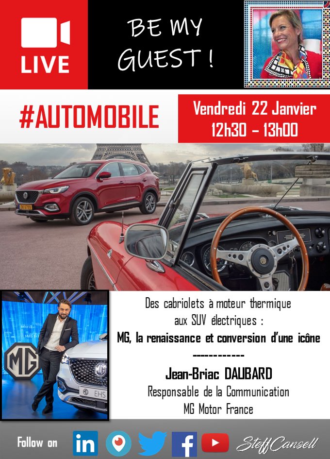 steffcansell's tweet photo. Vendredi 22 à 12h30, dans #BeMyGuest, nous parlerons LIVE avec JB DALIBARD, @MGMotorFrance PR Manager, de la renaissance de la marque GB,désormais chinoise, &amp; de sa conversion à l’électrique avec un #SUV à 30000 euros! RV sur Twitter @steffcansell #MGEHS #electrification @Djib17 https://t.co/zoW17ra0ix
