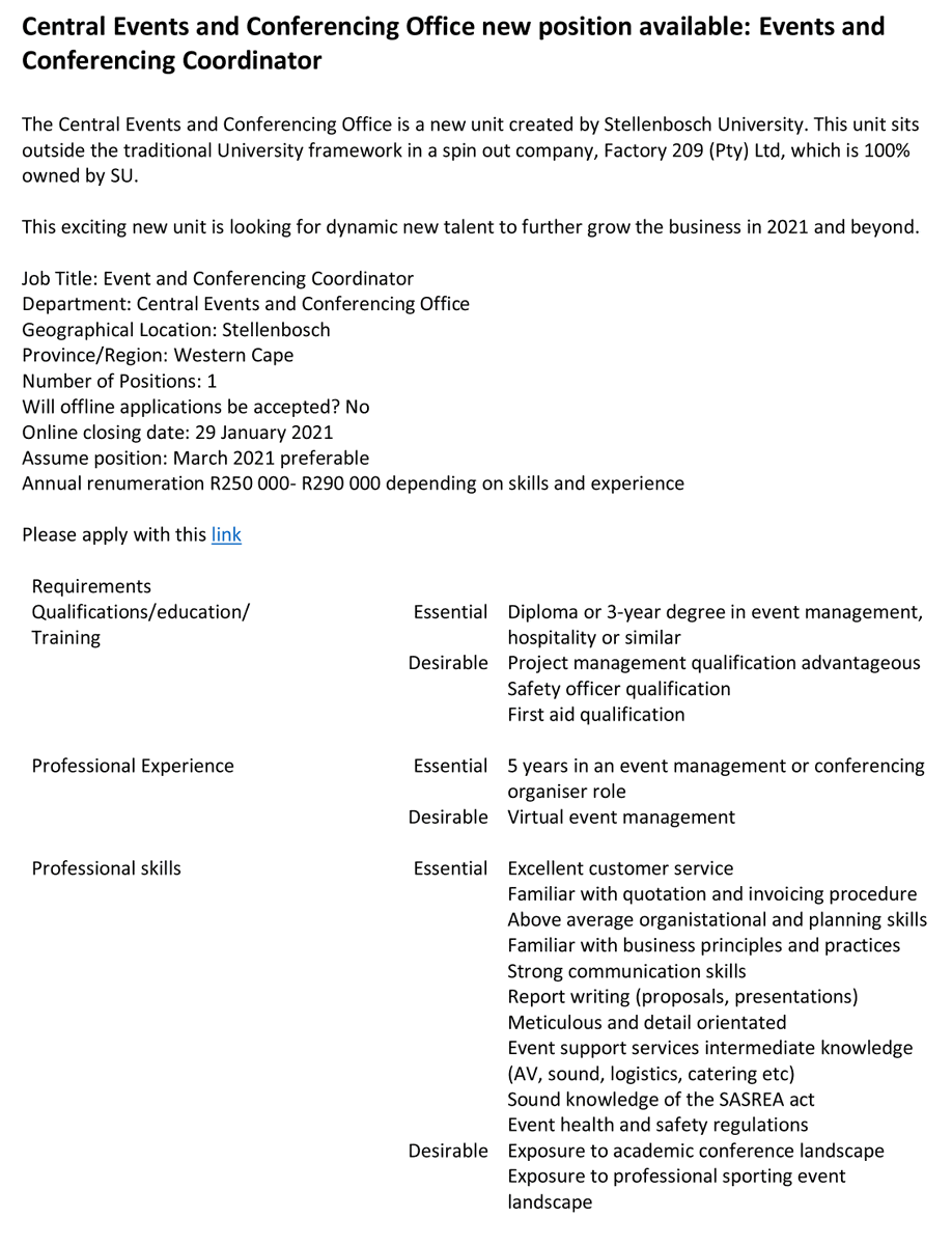 SAACIofficial's tweet photo. NEW POSITION AVAILABLE
CECO: Events and Conferencing Coordinator
The Central Events and Conferencing Office is a new unit created by Stellenbosch University. Apply here: https://t.co/LerVCfNzce

#saaci #eventprofs #meetingprofs https://t.co/yOWJZSRCLf