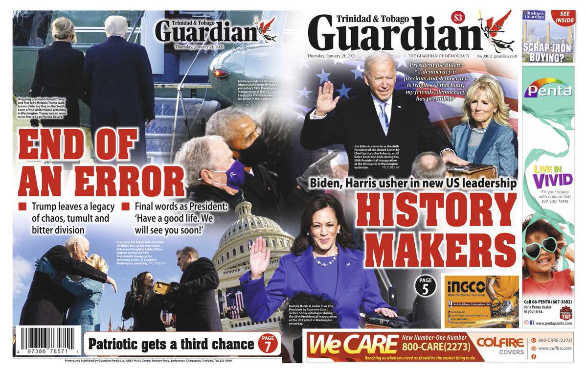 GayelleTV's tweet photo. Good morning neighbours, on the front pages today Thursday 21st January, 2021 in Trinidad and Tobago. #Headlines #DailyNews #ThursdayNews #weekdaynews https://t.co/88Rq1CcnzQ