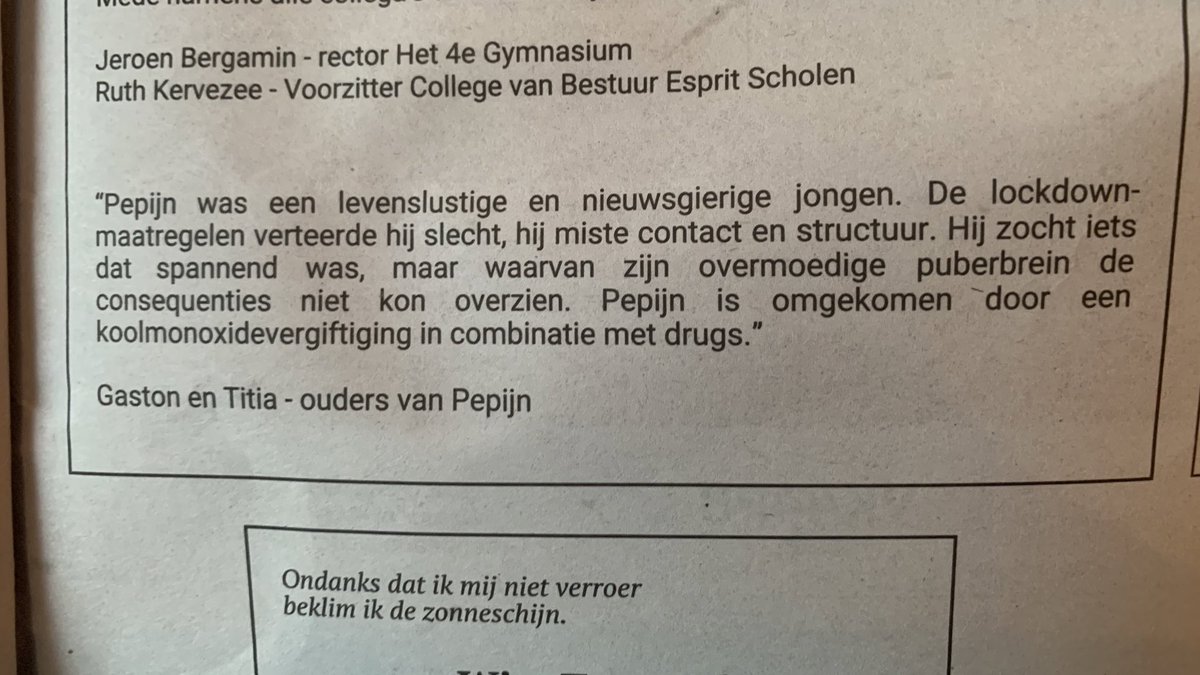 Wat ontzettend verdrietig. En wat moedig van de ouders en de school. Denk vandaag extra aan onze pubers.