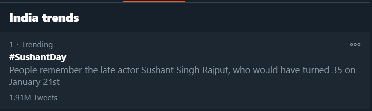 Track Twitter on  #SushantDay 1:13pm :1.91M for  #SushantDay