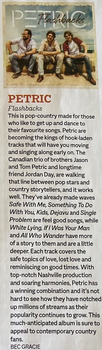 Thank you to Bec Gracie at Tamworth Country Music Capital News for the wonderful review of <a href="/PetricMusic/">PETRIC</a>'s new album 'Flashbacks'.  The review is in the current Jan/Feb edition OUT NOW in newsagents and by mail order. 

Grab your copy of 'FLASHBACKS' here:
ffm.to/petricflashbac…