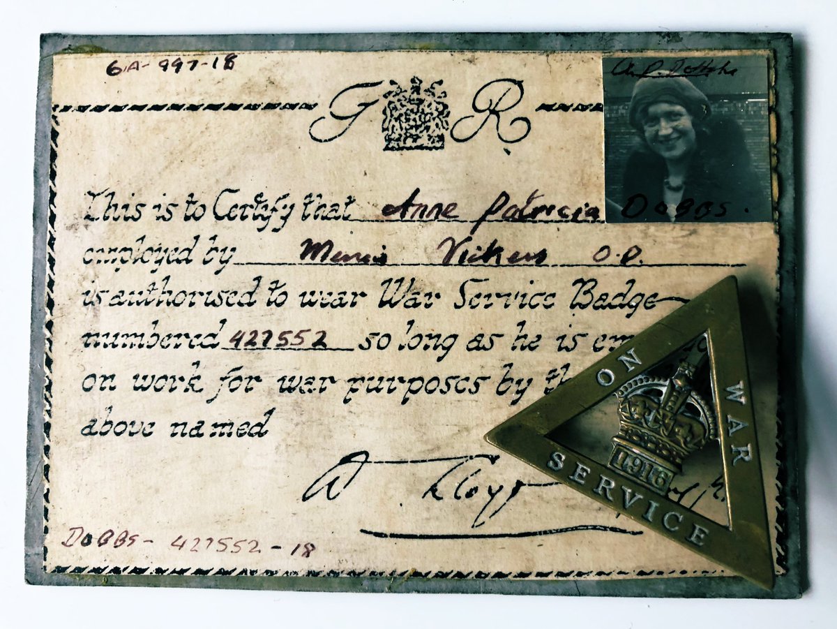 War Service Badge and certificate to Anne Patricia Dobbs, Great War munitions worker at Vickers. The distinctive triangular badge was worn by women workers #WW1Ephemera