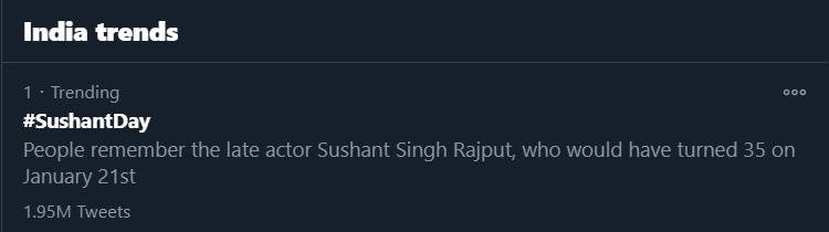 Track Twitter on  #SushantDay 1:23pm :1.95M for  #SushantDay