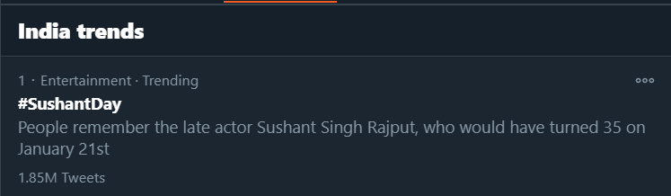 Track Twitter on  #SushantDay 1:29pm :1.85M for  #SushantDay