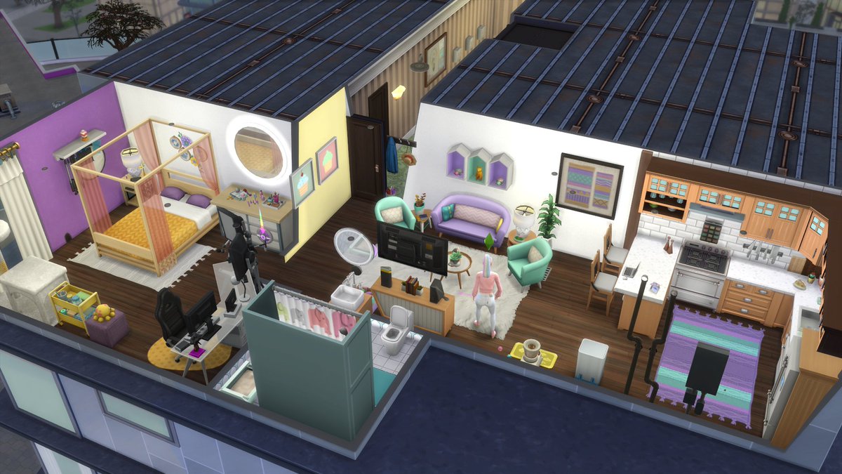 AlintaMcMurdo's tweet photo. Made a cute bright apartment at 1313 21 Chic Street for Astrid and her cat Percy. #thesims4 #sims4 #ts4 #theisms #ts4cityliving #ShowUsYourBuilds https://t.co/LnhRMfSief https://t.co/F0eG2igms5
