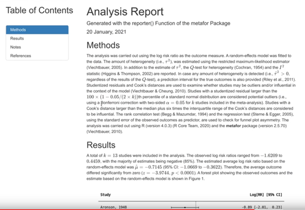 eshackathon's tweet photo. 2/3 #ESMARConf2021
Metafor has a reporter() function which automatically generates the report describing the statistical methods used. It also provides references for all methods used (!) and output can be html, pdf, or docx. 
AMAZING!! https://t.co/jC5fTKLsMu
