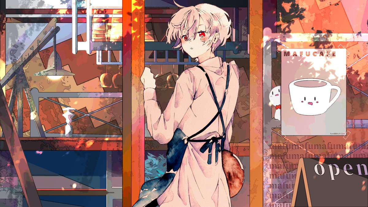 1boy male focus red eyes white hair apron short hair looking at viewer  illustration images