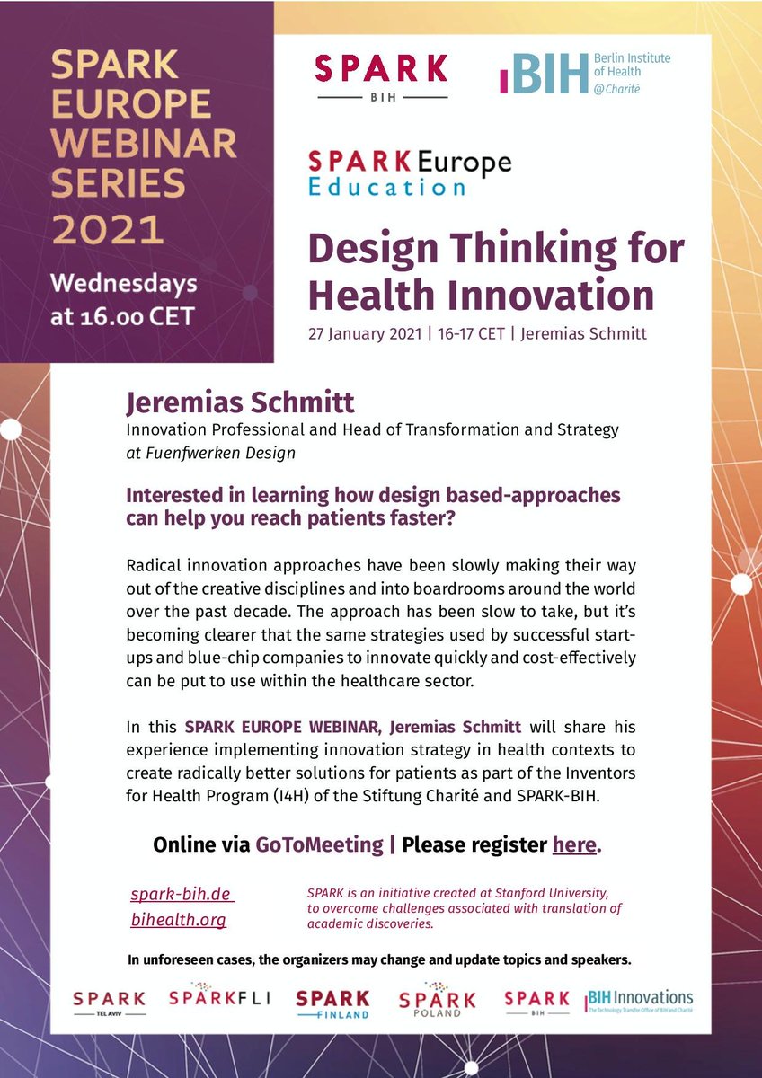 In our next SPARK EUROPE WEBINAR "Design Thinking for Health Innovation", Jeremias Schmitt will share his experience implementing innovation strategy in health contexts to create radically better solutions for patients

27 January, 2021 at 4-5 pm (CET):

app.smartsheet.com/b/form/365b327…
