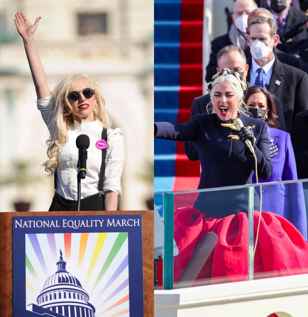 WedoreGaga's tweet photo. Same woman, same building, same message, 12 years apart. #LadyGaga https://t.co/AEVkkBy9vY