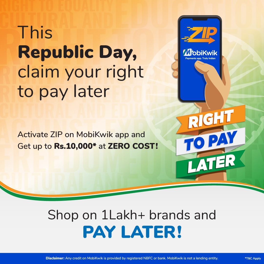 MobiKwik's tweet photo. Buy everything on your wishlist!
Claim your Right To Pay Later for an endless shopping spree with MobiKwik ZIP. 🤩

Download the MobiKwik app, link in bio. 

#RepublicDay2021 #Nation #India  #Shopping https://t.co/OSE7rhXEG4