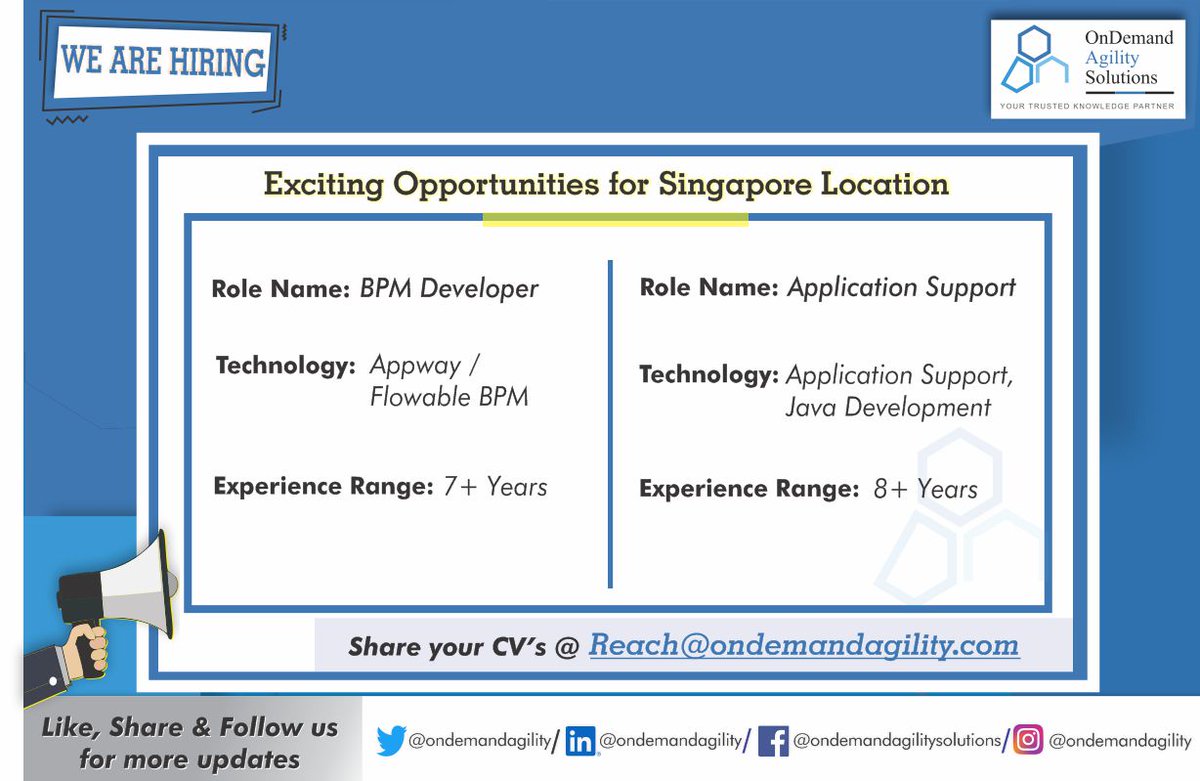 ondemandagility's tweet photo. To Apply 📧 - Reach@ondemandagility.com
*Subject – Location :: Role :: Experience
*Candidate must be available in Singapore Location.
#ODA #Technology #BPMDeveloper #Java #Automation #ApplicationSupport #Agility #JavaDeveloper #SingaporeJobs https://t.co/s2rnPStXsK