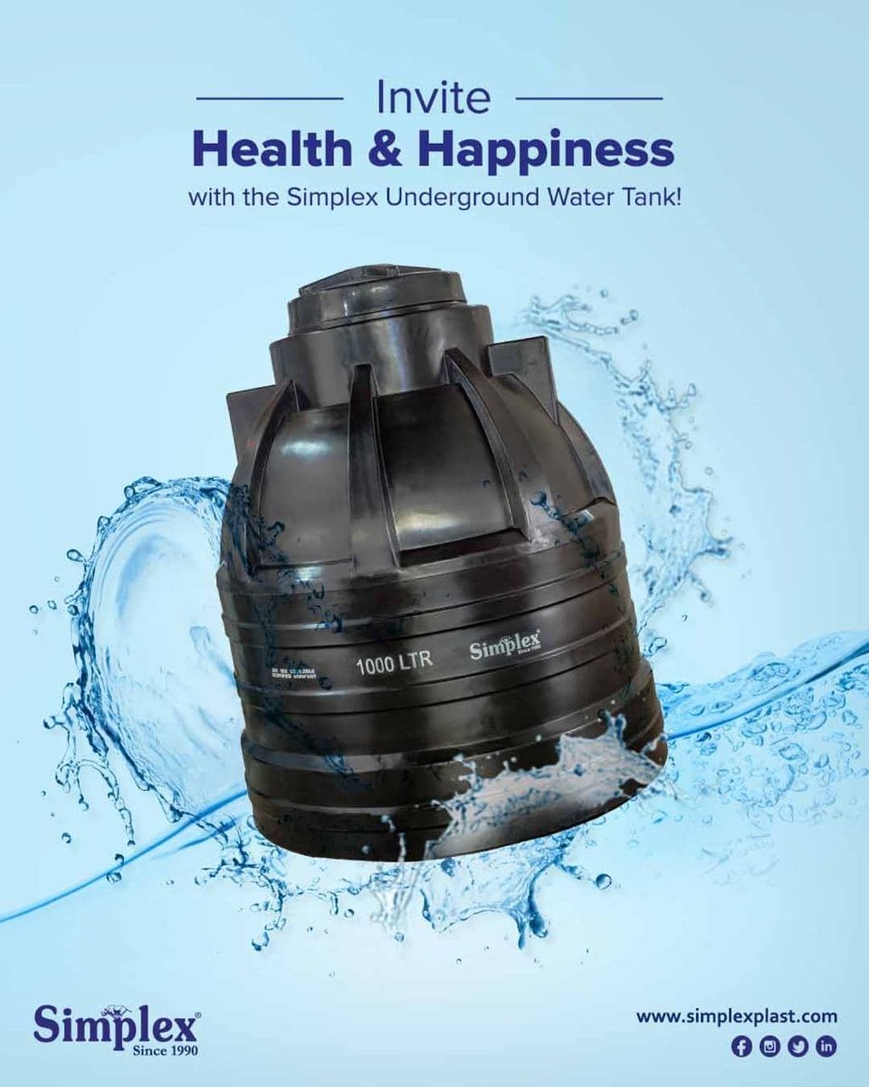 simplexplast's tweet photo. Simplex Underground Water Tanks are made from 100% Virgin Food Grade Material, making them ideal for storing drinking water. Invest in Health & Happiness of your family with the Simplex Underground Water Tank.
#SimplexPlast #SimplexTanks #WaterTanks #Mumbai #Vasai #Thane #Kalyan https://t.co/UCFllu6Uw6